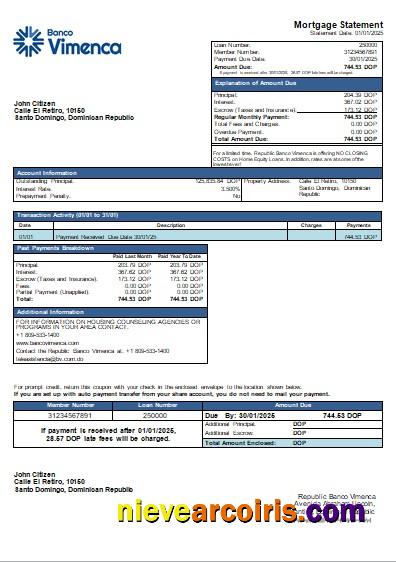 Dominican Republic Banco Vimenca bank mortgage statement